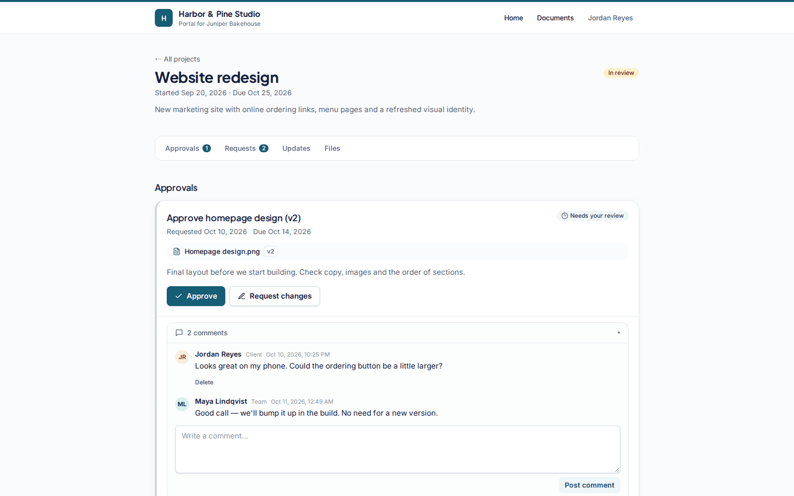 An approval card in the client portal with Approve and Request changes buttons and a comment field