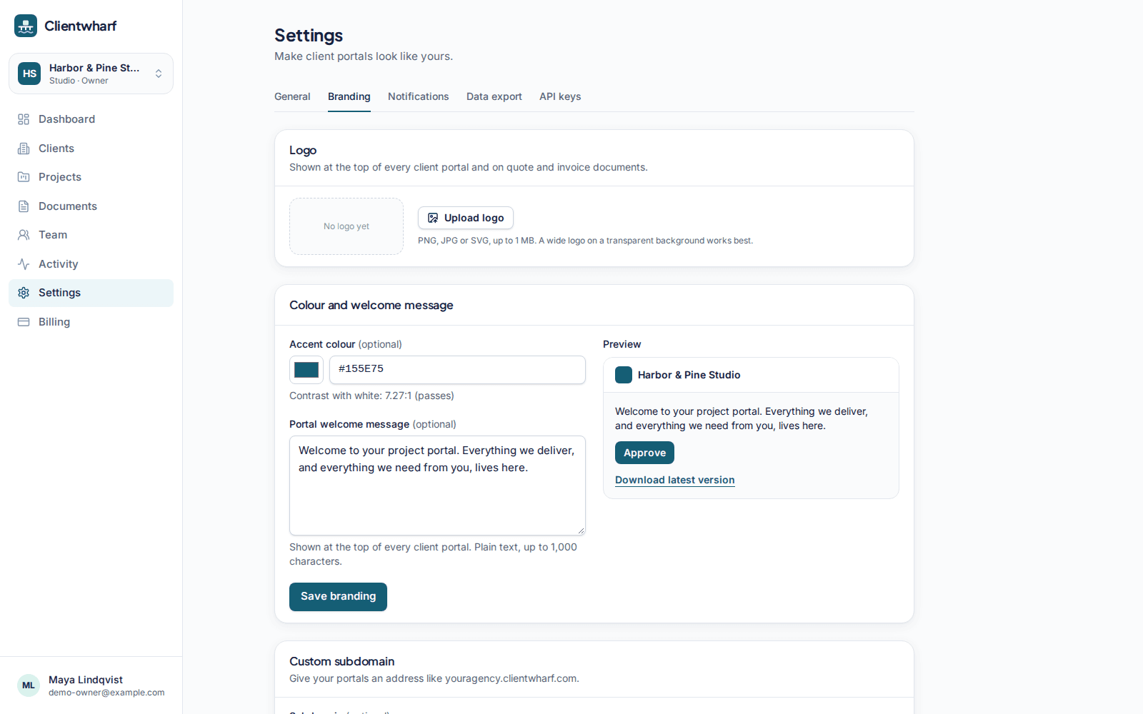 Branding settings with a logo upload, an accent colour picker and a live portal preview