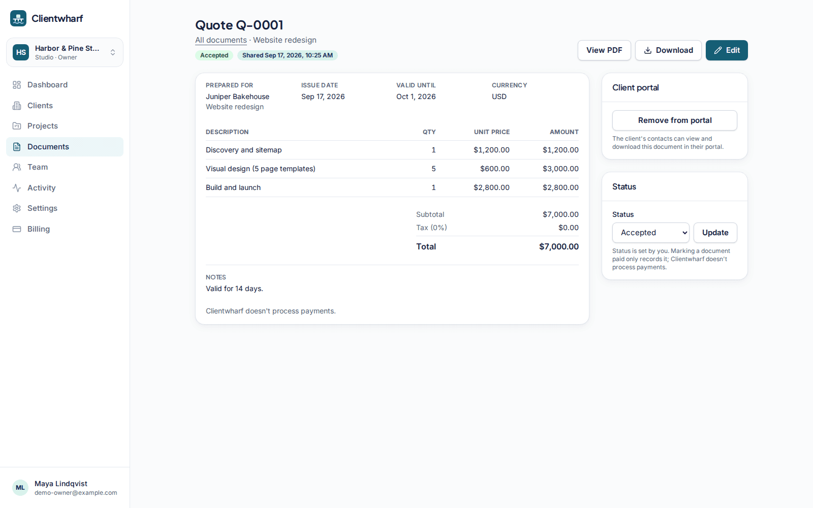 A quote document with line items, tax and a total, shown as a branded PDF