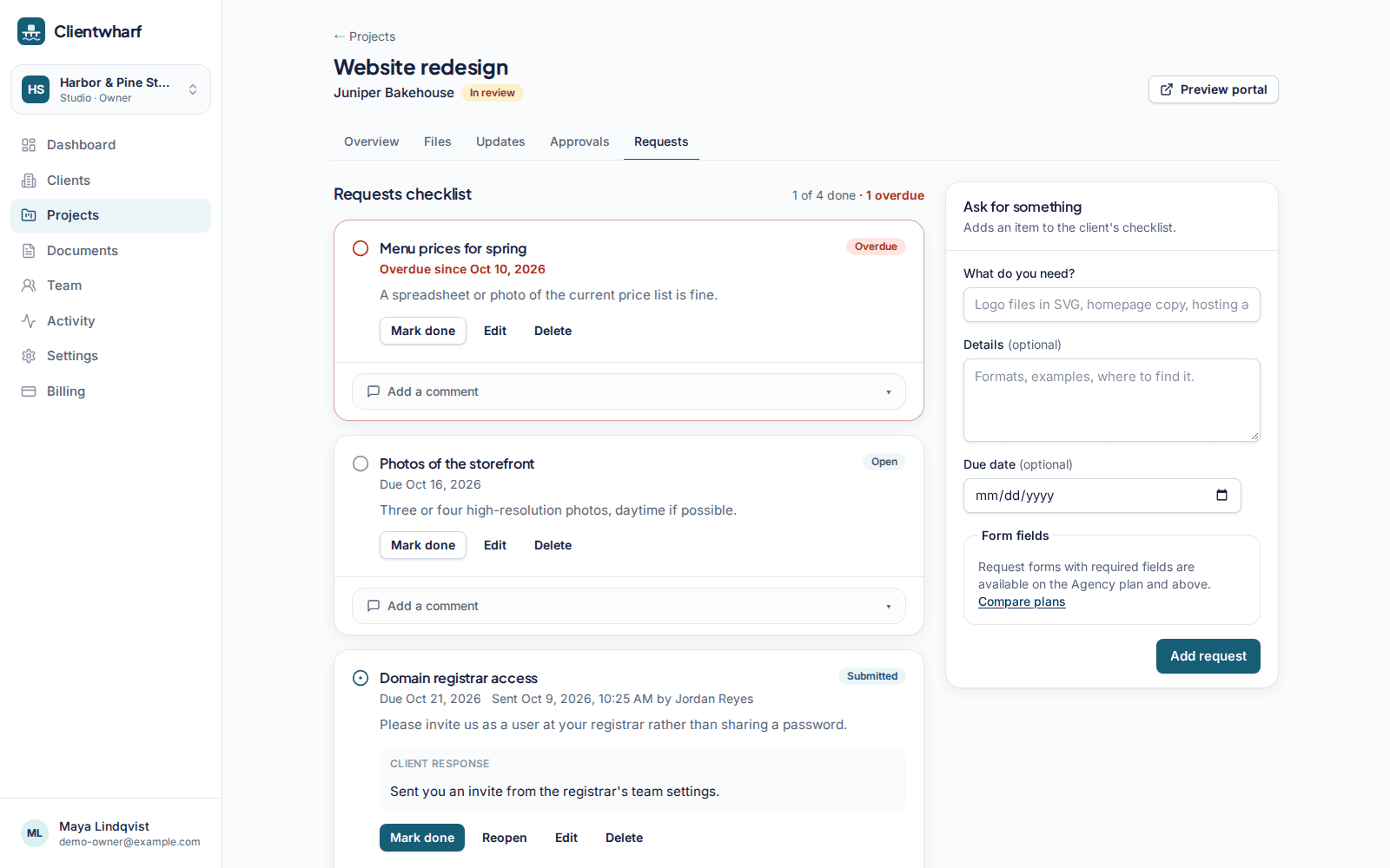 A requests checklist with open, submitted and done items and an upload area