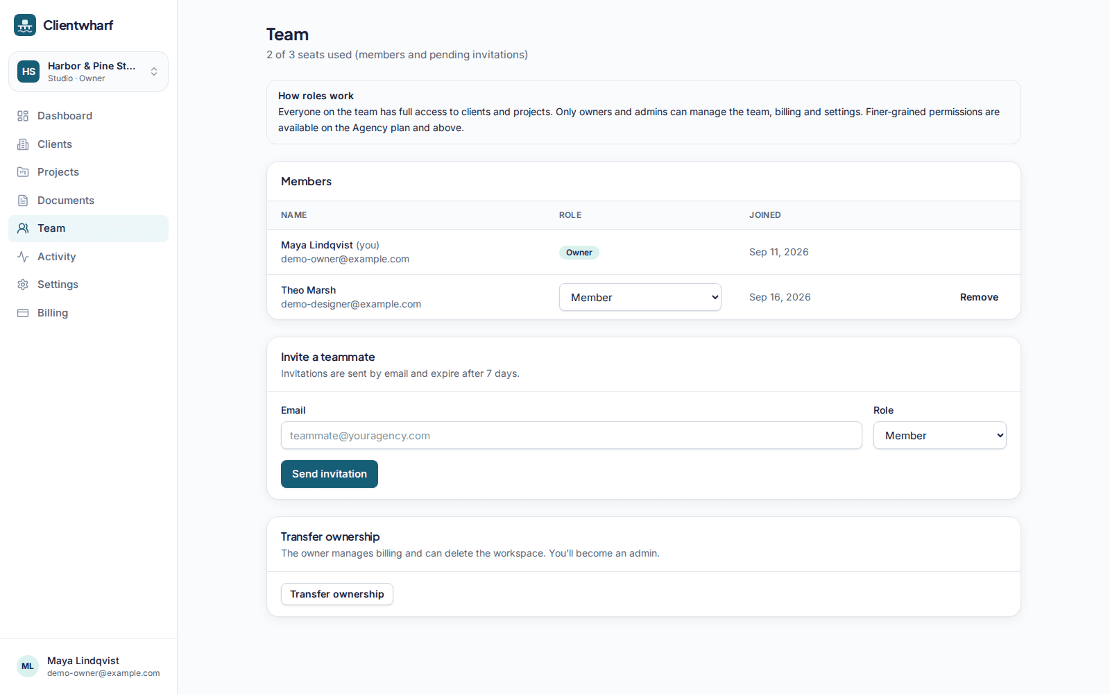 Team settings listing members with Owner, Admin and Member roles and an invite form
