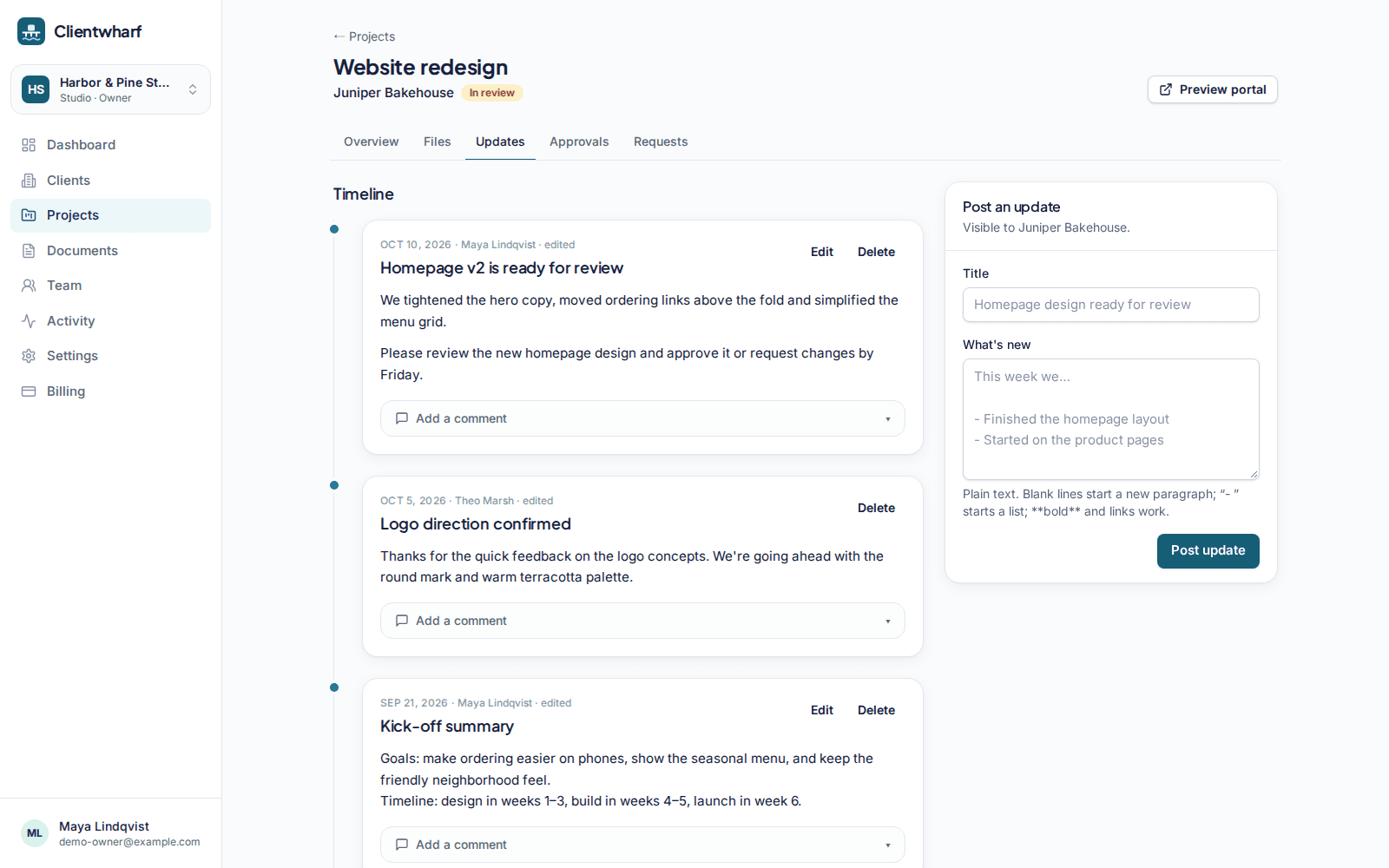 An updates timeline with three progress posts and a client comment